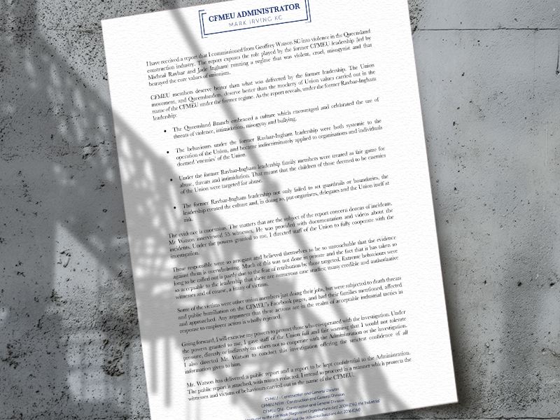Administrator’s Response – Violence in the Queensland CFMEU