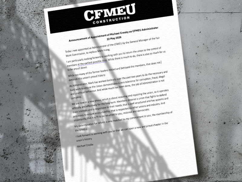 Announcement of Appointment of Michael Crosby as CFMEU Administrator 22 May 2026
