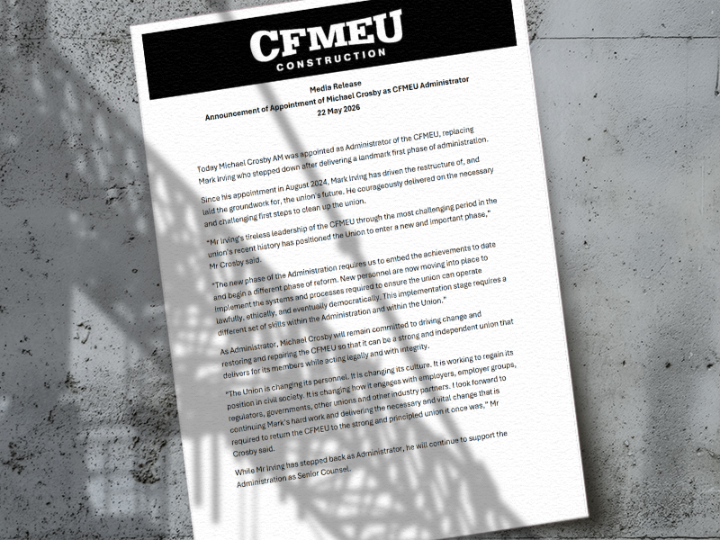 Media Release – Announcement of Appointment of Michael Crosby as CFMEU Administrator
